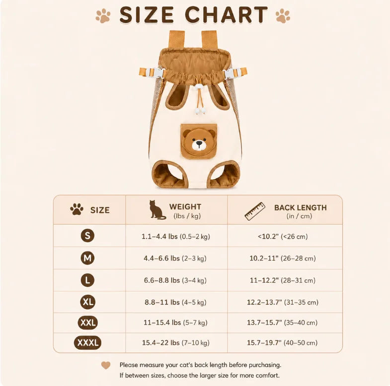 Front-Carry Pet Backpack Carrier β Breathable Hands-Free Dog & Cat Travel Bag with Bear Pocket