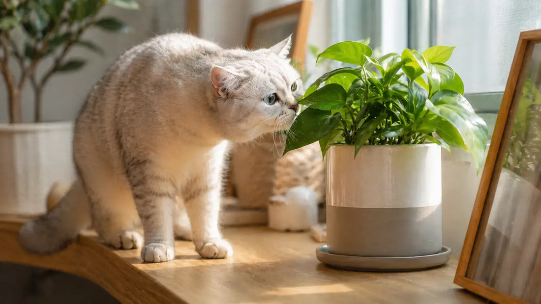 Curious cat cautiously sniffing a green houseplant on a windowsill.