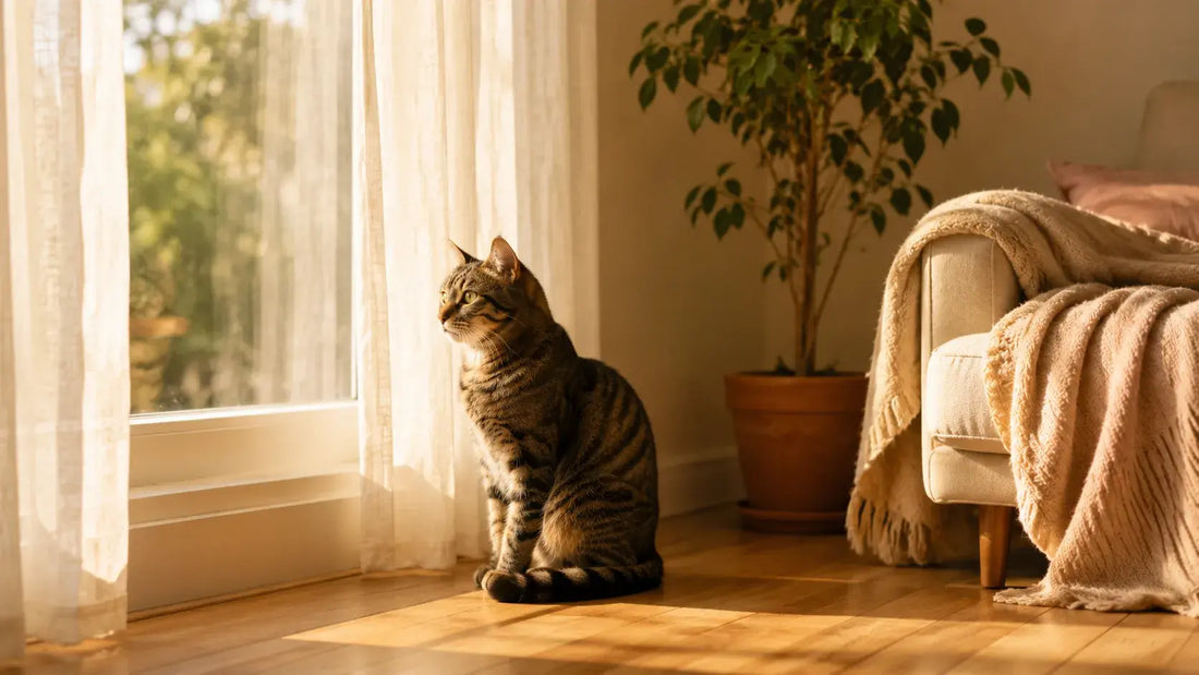 A calm cat sitting alone by a sunlit window in a cozy living room