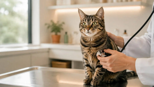 A calm tabby cat being gently examined on a vet table, a healthy and well-cared-for moment