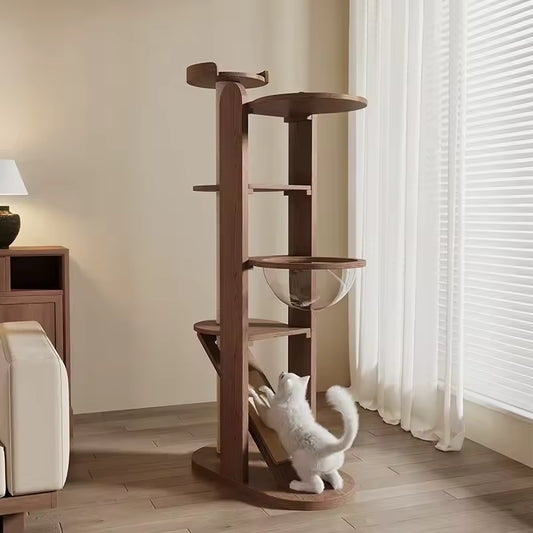 Luxury Multi-Tier Wood Cat Tree with Transparent Space Capsule