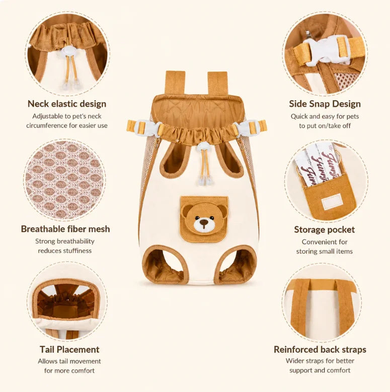 Front-Carry Pet Backpack Carrier – Breathable Hands-Free Dog & Cat Travel Bag with Bear Pocket