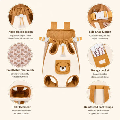 Front-Carry Pet Backpack Carrier – Breathable Hands-Free Dog & Cat Travel Bag with Bear Pocket